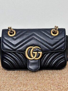 Gucci Marmont Black Chevron Quilted Shoulder Bag with Gold Hardware
